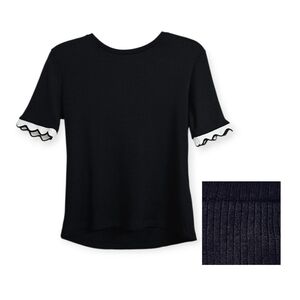 Zara Trafaluc Black Ribbed High Low Short Scalloped Sleeve Top, Size Large